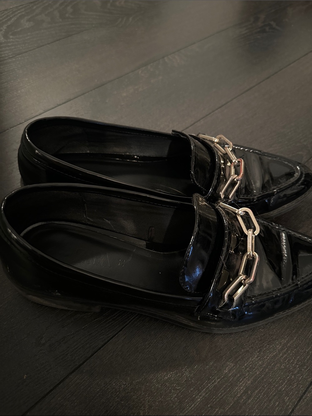 Womens Black Patent Slip-On Loafers with Gold Chain Accent used